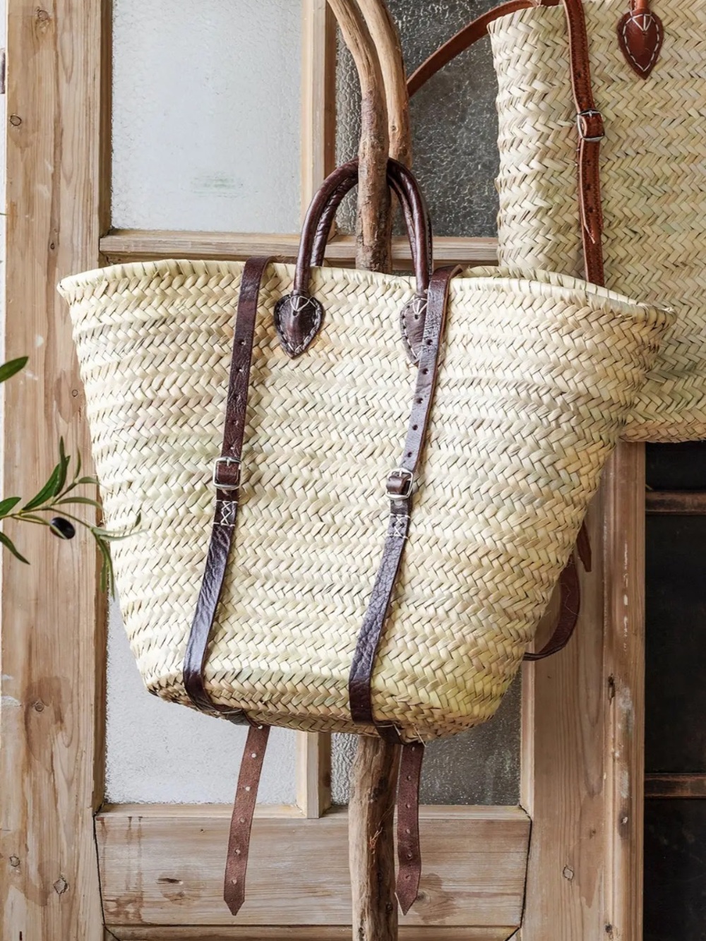 French Woven Straw Tote with Brown Leather Straps - Natural